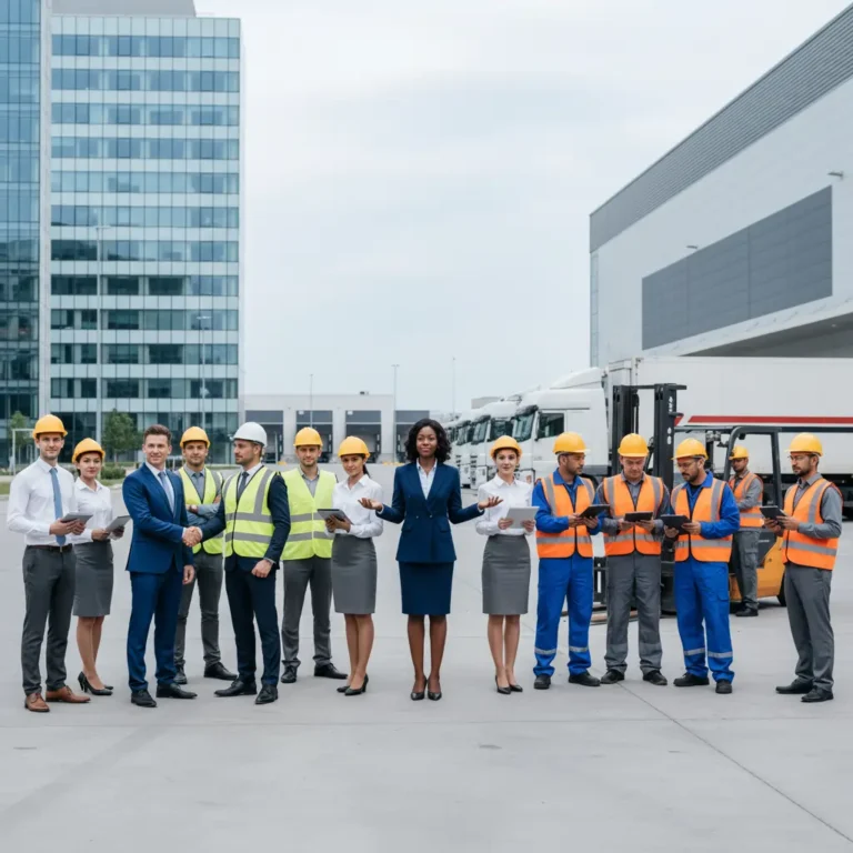 Corporate professionals and industrial workers standing together outside a modern logistics facility representing skilled and unskilled manpower collaboration.