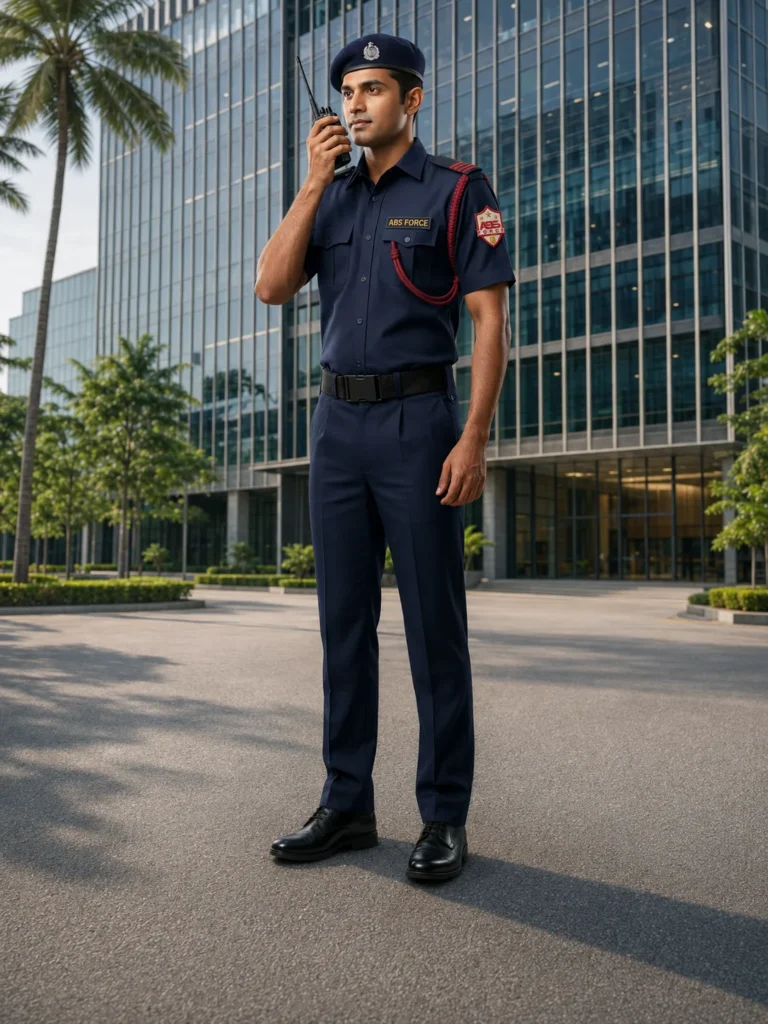ABS Force Security Services professional security guard with walkie-talkie standing in corporate building driveway