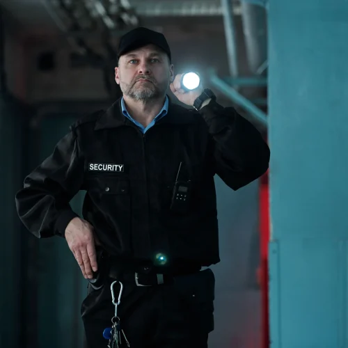 A security guard in a black uniform holds a flashlight, ready to ensure safety and security in the area